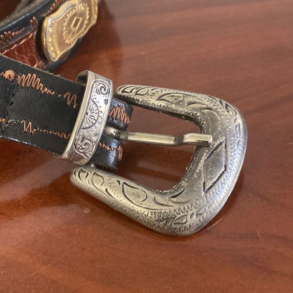 Vintage La Doppia Vita black & brown leather western studded belt Women 36 - Picture 2 of 8